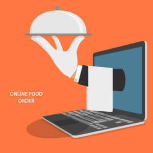 Online Food Delivery Isometric Flat Vector Concept. Hand Of Water With Dish And Towel Appeared From Laptop.